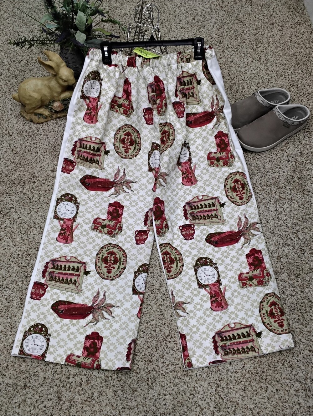 4089 Size L- XL Wide-Leg Printed Cotton/Linen Lounge Pants - Red/White